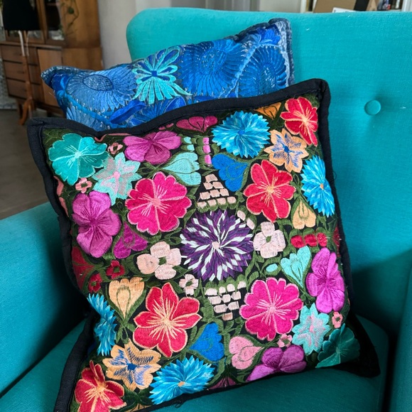 Vintage Floral Jewel Tone Silk Embroidered Accent Pillow - Picture 4 of 7